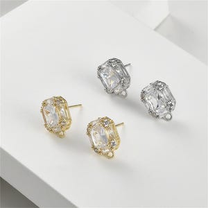 14K Gold Plated CZ Square Earring Stud with Loop, Classic Ear Studs, Geometric Stud Earring, Minimalist Post Earrings, Earring Components