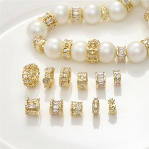 14K Gold Plated CZ Pony Beads, Wheel Bead, Flat Round Bead, Tire Bead, Coin Bead, Star Bead,Bracelet Spacer,Large Hole Bead,Zircon Tube Bead