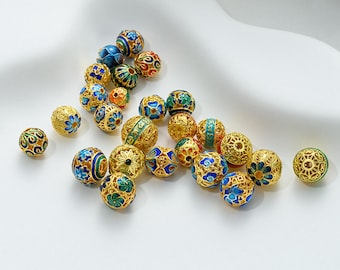 2 Stück 18-karätig vergoldete Cloisonné-Perlen, runde Blütenperlen, Hohlperlen, Fokusperlen, Lotusperlen, Cloisonné-Blumenperlen, Armbandperlen 8 mm