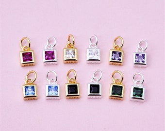 Sterling Silver CZ Square Charm Pendant, Birthstone Bracelet, Zirconia Necklace, Delicate Earring, Geometric Jewelry, Minimalist Charm
