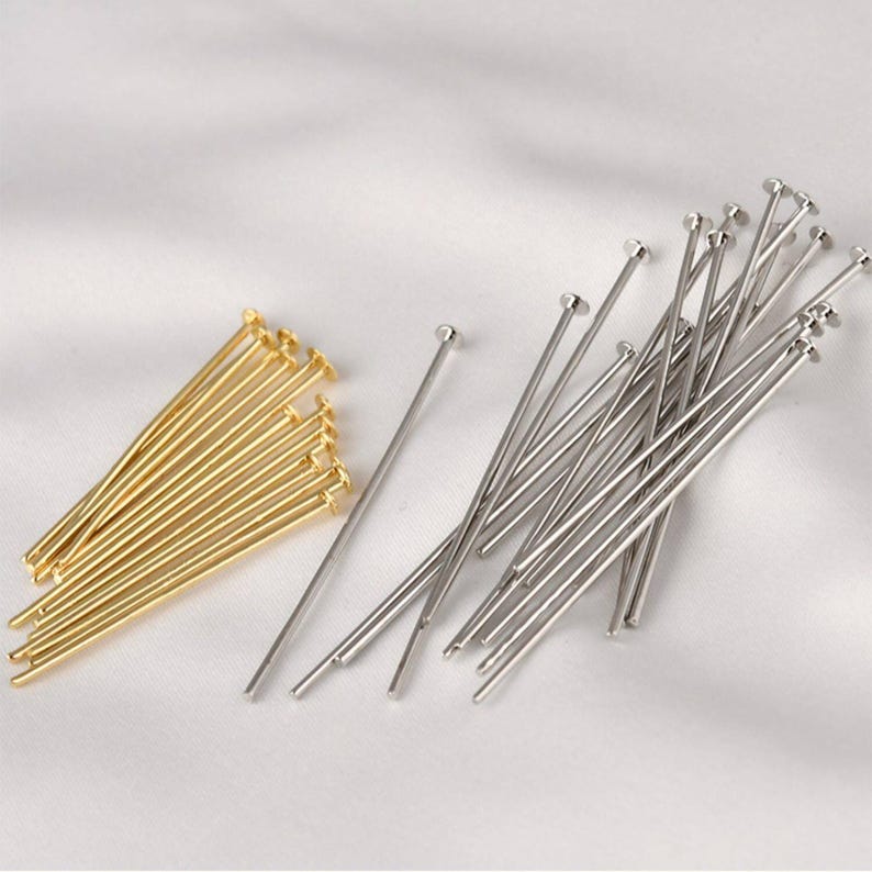 Alfileres en T chapados en oro de 18 quilates, alfileres de cabeza redonda plana en tono dorado, alfiler de aguja en tono dorado para joyería de 20 mm, 30 mm, 35 mm, 40 mm y 45 mm. imagen 1