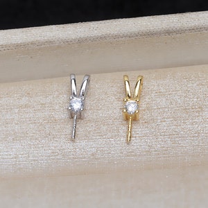 Sterling Silver Pendant Setting, s925 Silver V shape Pendant Setting w/ CZ Zircon For Supplies, Half Drilled Pearl Mounts 3*9mm