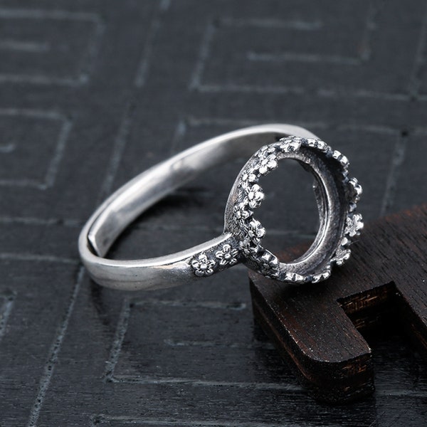 Sterling Silver Flower Ring Setting, s925 Silver Round Bezel Cup Setting, Sterling Silver Ring Blanks,Adjustable Ring Blanks 10*10mm