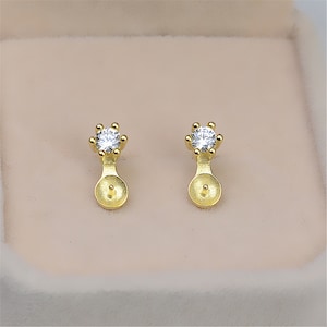 Sterling Silver CZ Round Earring Settings, s925 Silver Round Post Earring Settings, Earring Blank, Half Drilled Pearl Beads, Peg & Cup