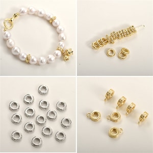 14K Gold Plated Hollow Bail Beads Spacers w/ Loop, Gold Tone Bail Spacer, Pony Bead, Donut Bead, Large Hole Beads, Flat Round Bracelet Beads
