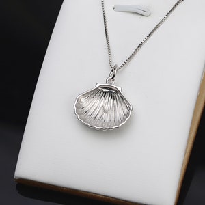 May include: A silver necklace with a seashell pendant. The pendant is detailed with ridges and a smooth, polished finish.
