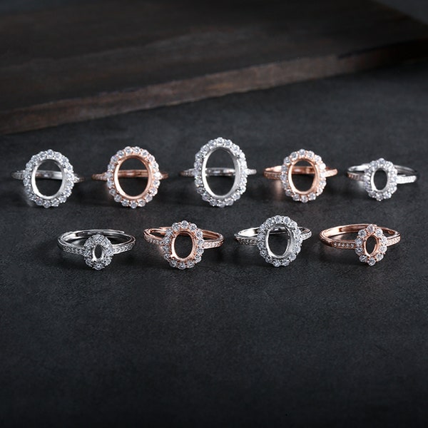 Montatura per anello in argento sterling, montatura per tazza con castone ovale in argento s925, grezzi per anelli in argento sterling, grezzi per anelli regolabili 3-10mm*5-14mm
