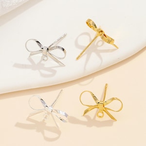 14K Gold Plated Ribbon Earring Post w/ Open Loop, Gold Tone Bowknot Earring Stud, Butterfly Knot Ear Stud, Bowtie Ear Post, Bow Earring