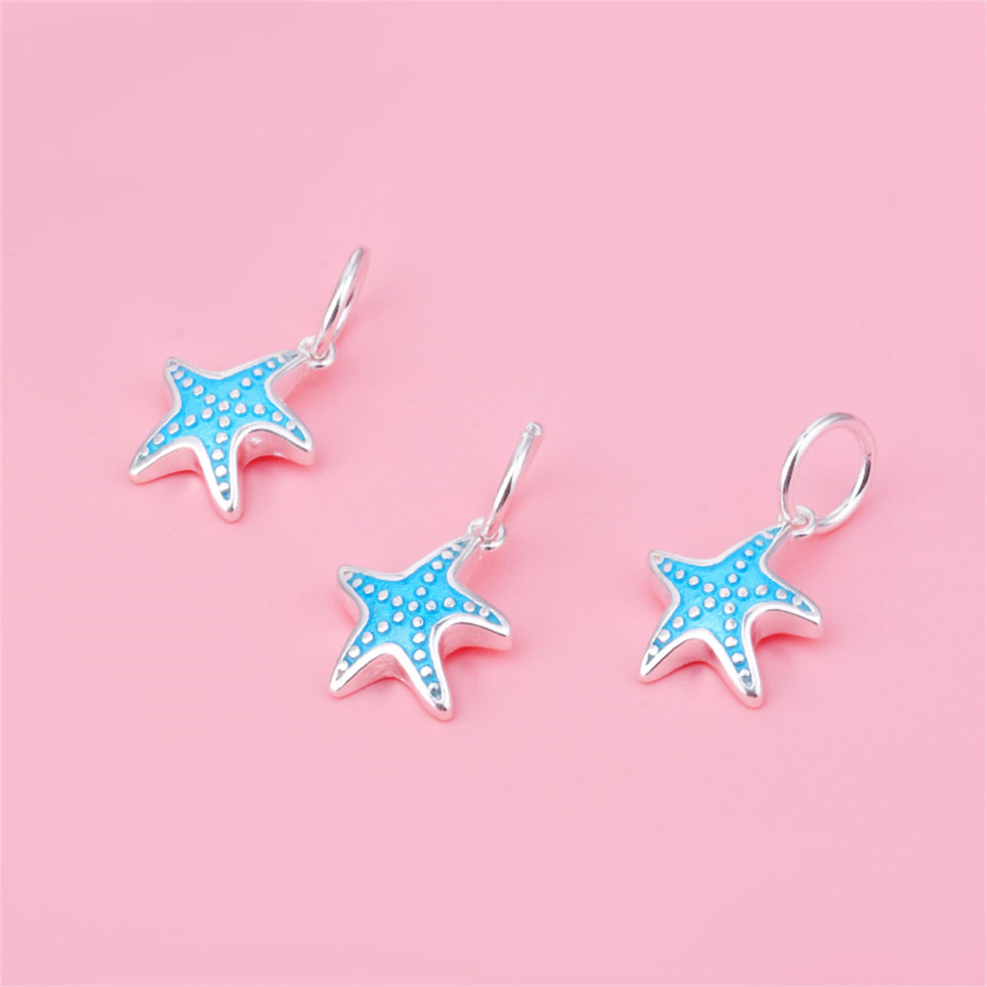 Sterling Silver Blue Enamel Starfish Charm Pendant, Beach Bracelet, Ocean Necklace, Sea Life Earring, Tropical Jewelry, Seaside Charm