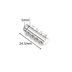 May include: A silver-toned metal slide clasp for jewelry featuring four loops on each side. The cylindrical component measures 5mm in width and 24.5mm in length as indicated by the technical dimension lines printed on the image.