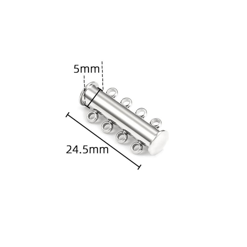 May include: A silver-toned metal slide clasp for jewelry featuring four loops on each side. The cylindrical component measures 5mm in width and 24.5mm in length as indicated by the technical dimension lines printed on the image.