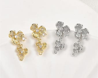 14K Gold Plated CZ Double Flower Stud Earring w/Loop, Irregular Earring Post, Floral Earring Stud, Dainty Earring, Botanical Earring 32*10mm