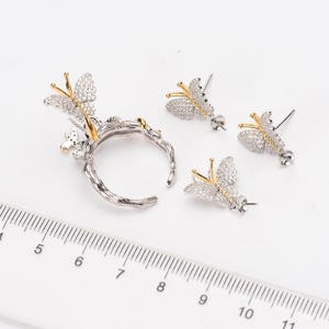 Sterling Silver Ring Setting, CZ Butterfly Ring Setting, Insect Ring Blanks, Adjustable Style, Half Drilled Pearl Mounts, Cup & Peg 8/9/10mm