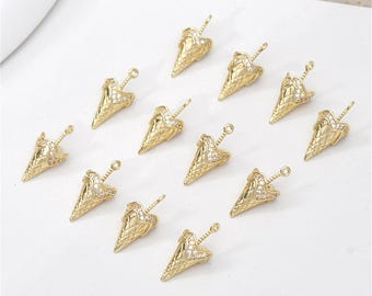 14K Gold überzogener CZ Eiscreme-Charme-Anhänger, Süßigkeiten-Charme, Eiscreme-Ohrringe, Kappenanhänger, Lebensmittelanhänger, Perlenanhängerhalter, Eiscreme-Halskette
