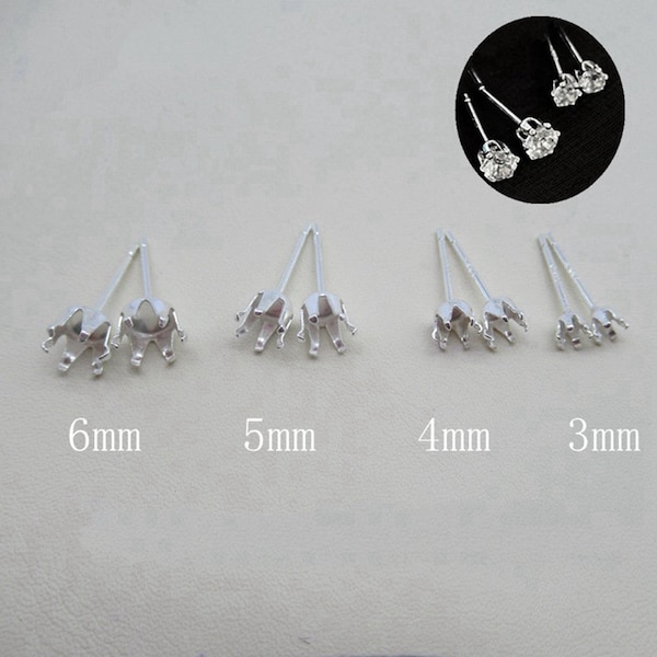 Sterling Silver Claw Earring Post Setting , S925 Silver Earring Setting Post , 6 Prong Earring Post 3mm 4mm 5mm 6mm