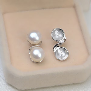Sterling Silver Round Earring Settings, s925 Silver S-shape Post Earring, Post Earring Blank, Half Drilled Pearl, Cup and Peg 8mm 9mm 10mm