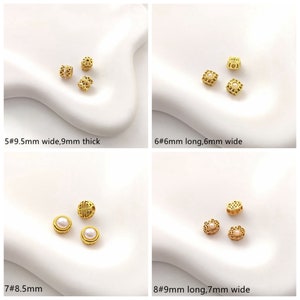 May include: Four different styles of gold-colored metal beads with intricate designs. The beads are shown on a white background. The beads are approximately 9.5 mm wide, 9 mm thick, 6 mm long, 6 mm wide, 8.5 mm, and 9 mm long, 7 mm wide.
