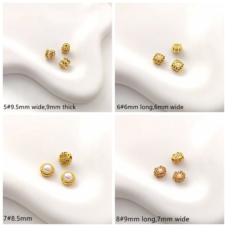 May include: Four different styles of gold-colored metal beads with intricate designs. The beads are shown on a white background. The beads are approximately 9.5 mm wide, 9 mm thick, 6 mm long, 6 mm wide, 8.5 mm, and 9 mm long, 7 mm wide.