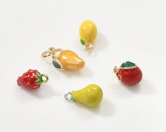 Förgyllt jordgubbshänge, päronarmband, citronhalsband, äppleörhänge, mangoberlock, fruktsmycken, körsbärberlock, fruktberlock
