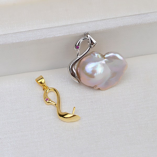 Sterling Silver Pendant Setting, s925 Silver Swan Pendant Setting For Jewelry Making Supplies, Half Drilled Irregular Pearl Mounts, Peg &Cup
