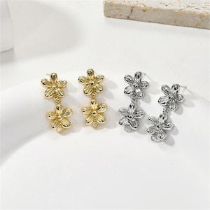 14K Gold Plated Double Flower Earring Post w/ Loop, Floral Ear Post, Blossom Ear Stud, Ear Post, Women Post Earrings, Earring Component