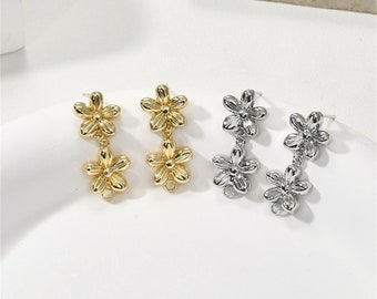14K Gold Plated Double Flower Earring Post w/ Loop, Floral Ear Post, Blossom Ear Stud, Ear Post, Women Post Earrings, Earring Component