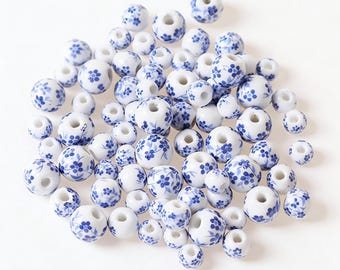 Blue-and-White Porcelain Beads, Ceramic Beads, Round Flower Ceramic Beads, Bracelet Beads, Ceramic Floral Beads, Chinoiserie Bead 6 8mm