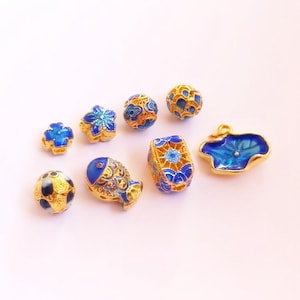18K Gold Plated Pony Bead, Lotus Leaf Bead, Gold Tone Flower Bead, Round Cloisonne Beads, Bracelet Spacer Beads