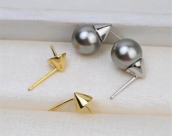 Sterling Silver Cone Post Earrings, Pyramid Earring Post,Geometric Earring Stud,Pointed Ear Post w/Peg Mounts,Half Drilled Pearl 7mm 8mm 9mm