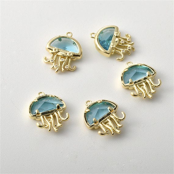 14K Gold Plated CZ Jellyfish Charm, Sea Life Bracelet, Ocean Necklace, Marine Life Earrings, Blue CZ Jewelry, Animals Charm, Beach Pendant