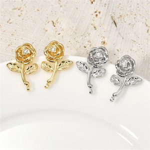 18K Gold Plated CZ Rose Flower Earring Post w/ Loop, Floral Ear Post, Valentine Ear Stud, Ear Post, Women Post Earrings, Earring Component