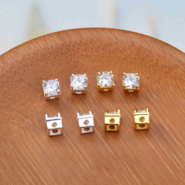 Sterling Silver Zircon Cube Beads, Zirconia Bead, Cubic Bead, Square Bead, Bohe Bead, Bracelet Spacer, White Zircon Bead, Geometric Bead 4mm