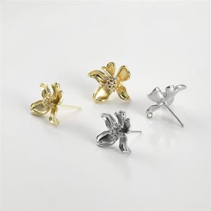 14K Gold Plated CZ Flower Earring Post w/ Loop, Floral Ear Post, Blossom Ear Stud, Ear Post, Women Post Earrings, Earring Component