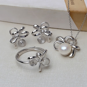 Sterling Silver Bow Tie Jewelry Setting, Ribbon Bowknot  Pendant/ Post Earrings/Ring Setting, Half Drilled Pearl Mounts,Peg &Cup 7mm 8mm 9mm