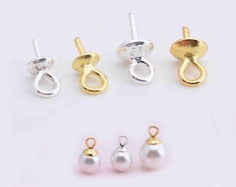 10/100pcs Sterling Silver Cup and Peg Drops for Half Drilled Pearl Bead, S925 Silver Cup Peg, Pendant Charm Bail Cup, Pearl Jewelry Findings