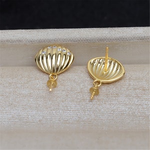 Sterling Silver Earrings Settings, s925 Silver CZ Shell Shape Post Earrings Settings, Earring Blank, Half Drilled Pearl Mounts, Cup and Peg