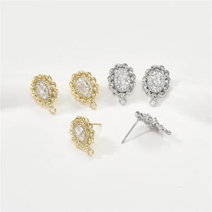 14K Gold Plated Twist Earring Post with Loop, Oval Ear Post, CZ Zircon Ear Stud, Dainty Ear Post, Post Earrings, Earring Component