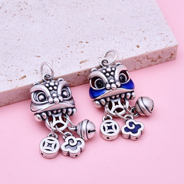 Sterling Silver Lion Dance Bell Charm Pendant, Good Luck Symbol Bracelet, Unique Artisan Crafted Necklace, Vintage Style, Charms In Bulk