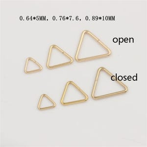 May include: Five gold triangle-shaped metal rings of different sizes. The rings are open and closed. The text "open" and "closed" is written on the image.