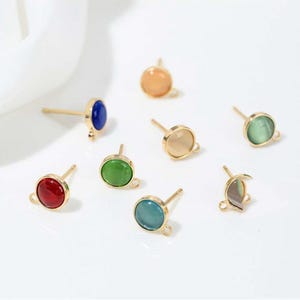 14K Gold Plated CZ Round Stud Earring with Loop, Faceted Stone Earring Post, Circle Earring Stud, Dainty Earrings Post, Earring Component