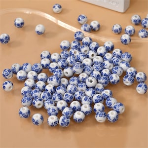 Blue-and-White Porcelain Beads, Ceramic Beads, Round Flower Ceramic Beads, Bracelet Beads, Ceramic Floral Beads, Chinoiserie Bead 6 8mm