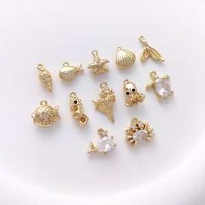 14K Gold Plated Cz Sea Charms, Ocean Charm Pendant, Sea Necklace / Bracelet Charm, Underwater Earring Pendant