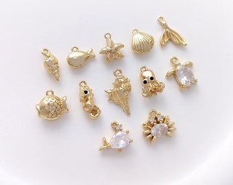 14K Gold Plated Cz Sea Charms, Ocean Charm Pendant, Sea Necklace / Bracelet Charm, Underwater Earring Pendant