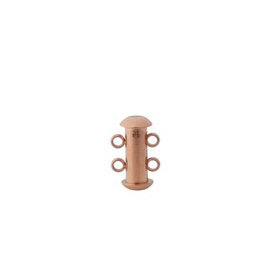 May include: A rose gold-toned cylindrical jewelry clasp featuring a smooth, rounded top and bottom cap. The central column is equipped with four small, circular loops, arranged in two pairs on opposite sides, designed for connecting jewelry strands.