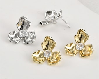 14K Gold Plated CZ Flower Earring Stud w/Close Loop, Flower Earring Post, Floral Earring Stud, Dainty Earring, Botanical Earring 22.8*24.6mm