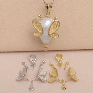 Sterling Silver Pendant Setting,S925 Silver Bee Pendant Setting For Supplies,Half Drilled Pearl Mounts,Peg&Cup,Beads Cap Bail 11*17mm