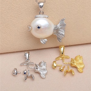 Sterling Silver Pendant Setting, Silver Fish Pendant Setting For Jewelry Making Supplies, Half Drilled Pearl Mounts, Peg&Cup, Beads Cap Bail
