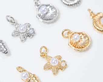 14K Gold Plated Sea Charm with Pearl, Ocean Charm Pendant, Starfish Charm, Conch Shell Charm, Marine Life Jewelry, Sea Horse Necklace