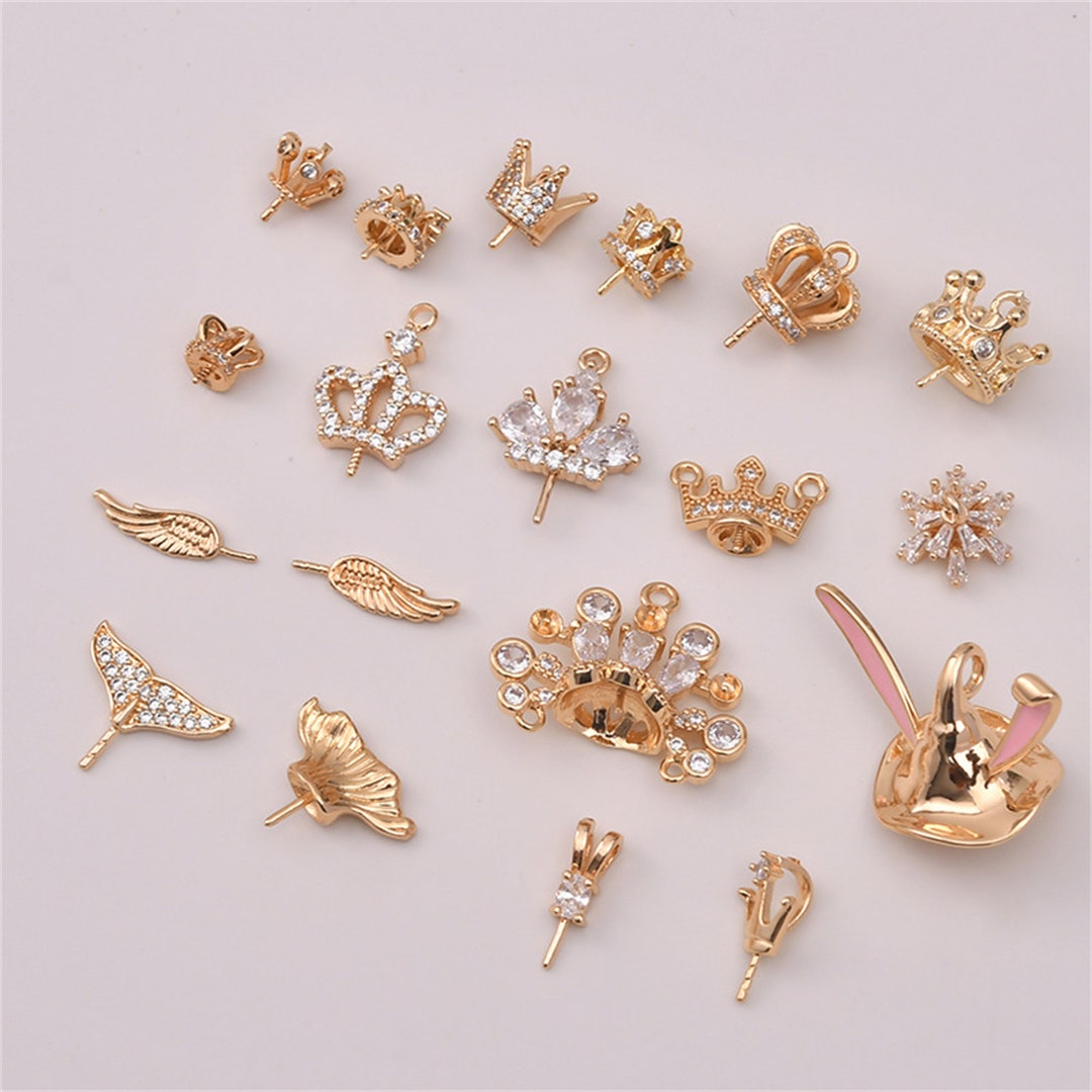 Gold Plated CZ Crown Pendant Setting, Gold Tone V Shape/ Angel 
