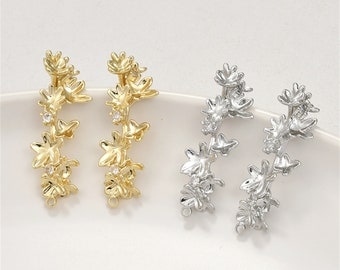4 Paia Orecchini A Lobo Fiore In Ottone Con Zirconi Cubici - Oro E Platino - Gioielli Fai Da Te - 3